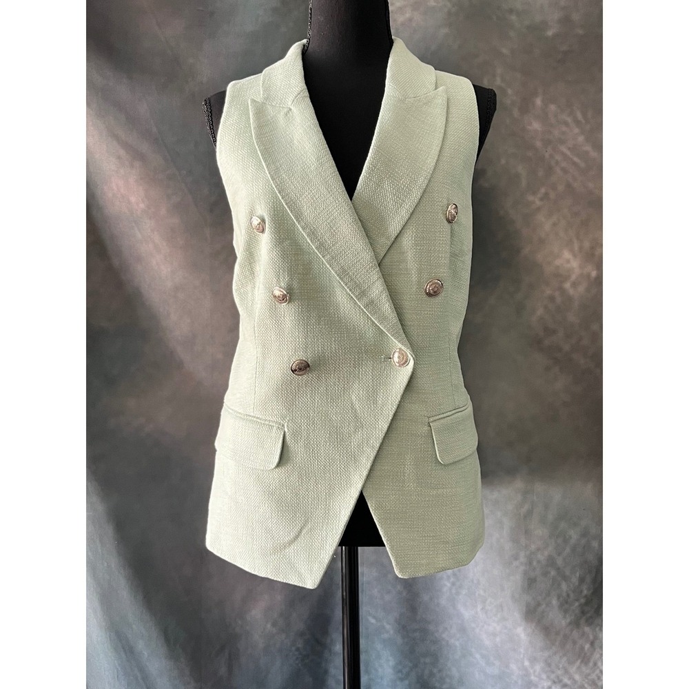 White House Black Market Tweed Vest Sleeveless Light Green Double Breasted 14‎
